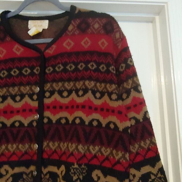 Tally Ho Fair Isle Black/Gold/Redtones Button Cardigan L-Sleeve S - Picture 4 of 10